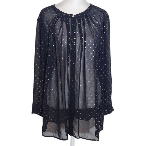 Liz Claiborne Black and Gold Print Sheer Blouse Size XL Black Button Down Top - Picture 1 of 8
